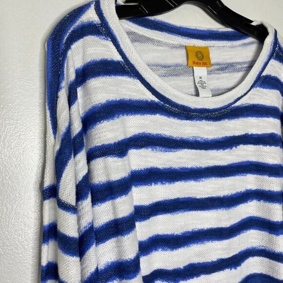 Ruby Rd Striped Tie Hem Top XL Nautical Blue White Lightweight Knit Layered NEW - Picture 3 of 8